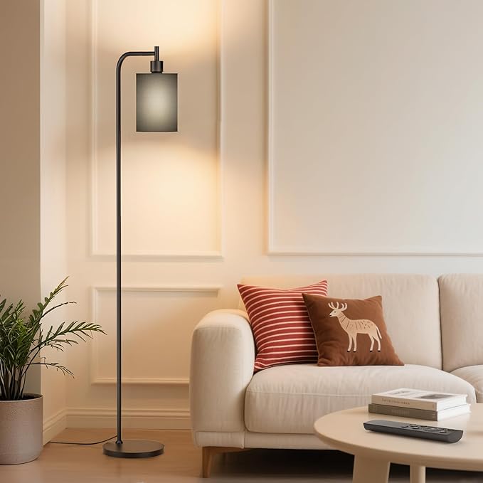 Floor Lamp with Linen Shade, Dimmable Tall Standing Lamp with Remote Control & 3 Color Temperatures, Modern Floor Lamps for Living Room Bedroom Office Corner, 9W LED Bulb Included