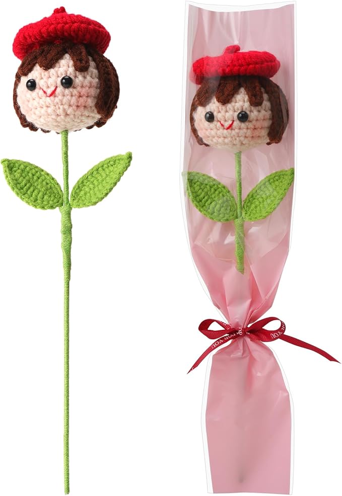 Crochet Handmade Flower Doll Bouquet Gift for Her, DIY Knitted Gifts for Home Office Desk Decor, Gift Ideas for Daughter Girl Girlfriend