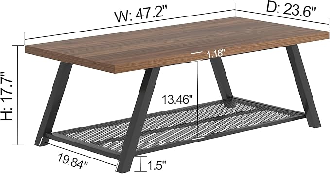 FOLUBAN Modern Coffee Table, Rustic Wood and Metal Center Table with Storage, Industrial Rectangle Cocktail Tea Table for Living Room, Walnut, 47 Inch