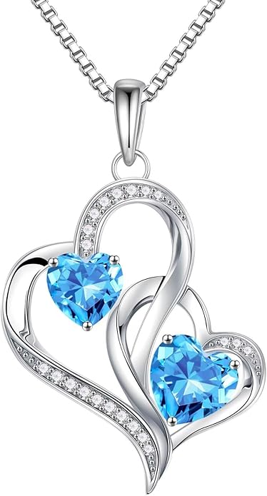 Iefil Christmas Gifts for Women - Double Heart Birthstone Necklace, 925 Sterling Silver Heart Pendant Necklace, Anniversary Birthday Gifts for Women | Personalized Jewelry Gift for Wife Mom Girlfriend