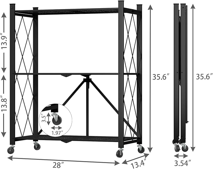 3 Tier Foldable Storage Shelf with Wheels, Heavy Duty Garage Shelving Unit Loads 550 LBS, Metal Steel Collapsible Shelves, Rolling Standing Utility Rack for Kitchen, Pantry, Office, Black