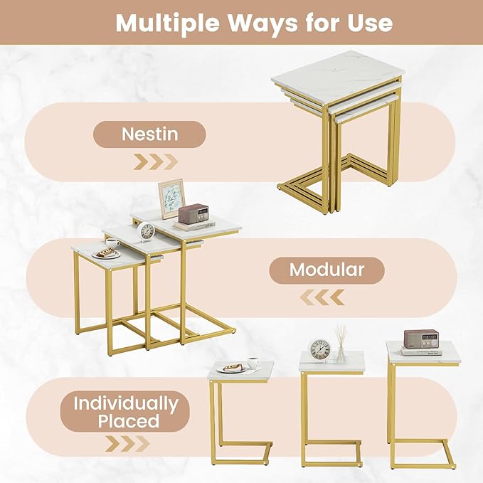 Tangkula Nesting Table Set of 3, Rectangle Stacking Side End Table with Wood Top & Metal Legs, Adjustable Foot Pads, C-shaped Accent Coffee Tables for Small Spaces, Living Room (C-shaped, White, 3-pc)