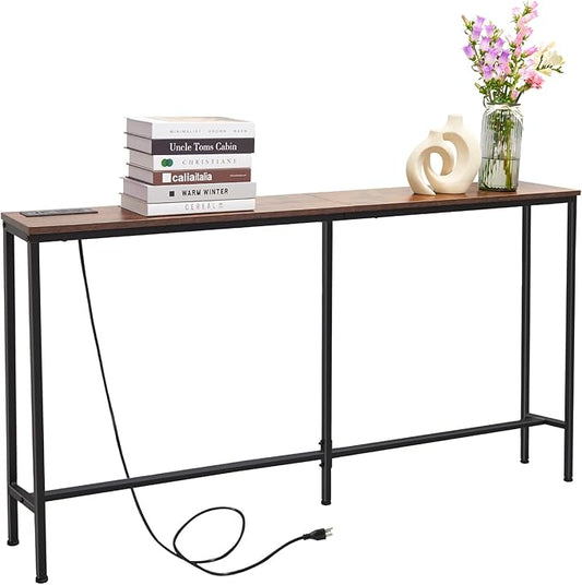63 Inch Sofa Table，Narrow Console Table with Power Outlet，Slim Entryway Table for Living Room,Hallway,Bedroom(Rustic Brown)