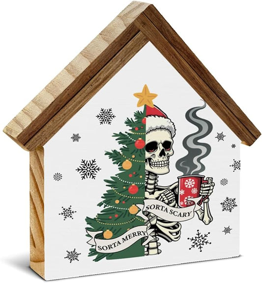 Funny Christmas Skeleton Coffee Bar Decor Sorta Merry Sorta Scary Skull House Shaped Wood Block Sign Xmas Holiday Kitchen Coffee Hot Cocoa Bar Decorations for Desk Table Shelf