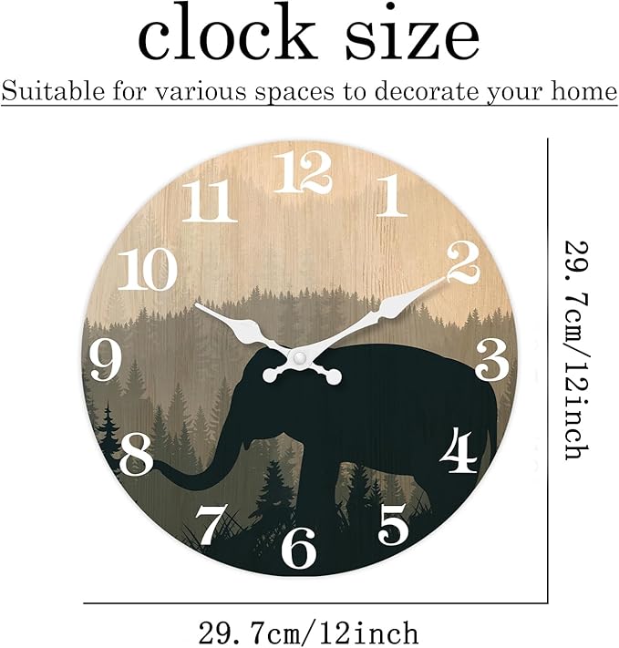 XFM Elephant Wall Clock 12 Inch Silent Wall Clocks Battery Operated Farmhouse Wooden Clock Decorative for Kitchen Living Room Bedroom Bathroom