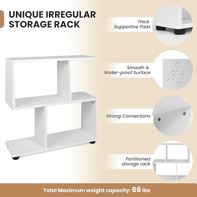 Giantex Set of 2 3-Tier Geometric Bookshelf, 24’’ Tall Wood S-Shaped Display Shelves with Thick Foot Pads, Freestanding Open Shelves Nightstand, Floor Standing Display Shelf Bookcase
