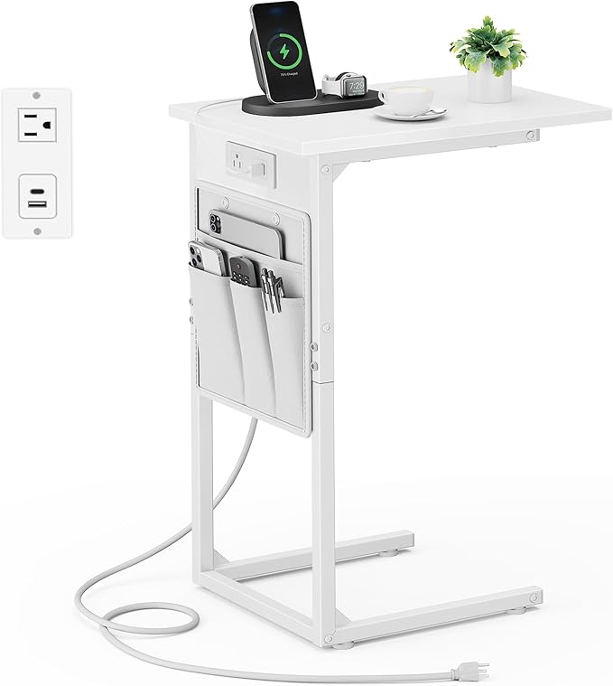 Vagusicc C Shaped End Table with Charging Station, Small Side Table for Couch, Couch Side Tables C Table, Slide Under Sofa Recliner Table TV Tray Arm Tables for Living Room, Bedroom, Bedside, White
