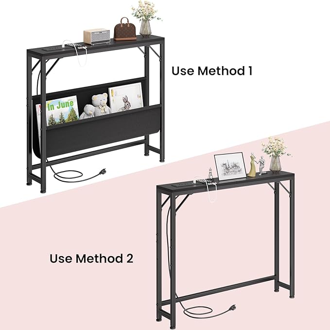 31.5'' Small Console Table with Charging Station and Storage, Entryway Table Narrow with Power Outlets and USB Ports, Skinny Sofa Table, for Living Room, Foyer, Entryway, Hallway, Black