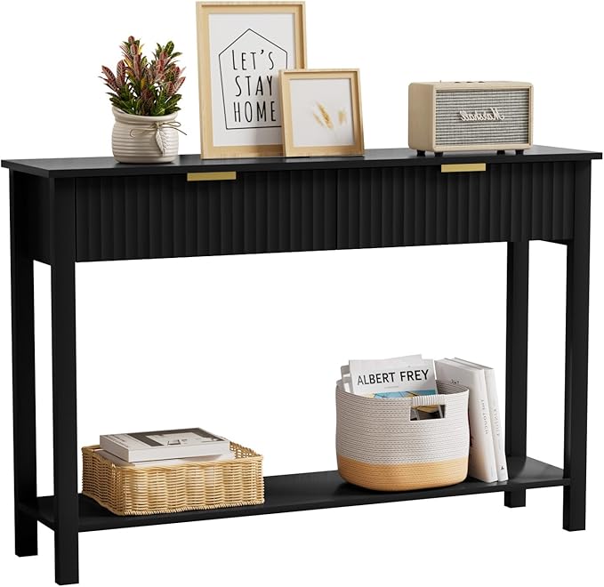 Black Entryway Console Table with 2 Fluted Drawers and Gold Handles, 47.2" Modern Sofa Table with Storage Shelf for Living Room and Hallway