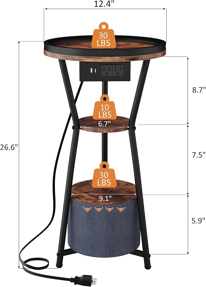 Yusong Round Side Table with Charging Station, Small Drink Table for Small Spaces, 3-Tier Industrial End Table, Accent Nightstand Bedside Table for Living Room, Bedroom, Sofa Couch, Rustic Brown