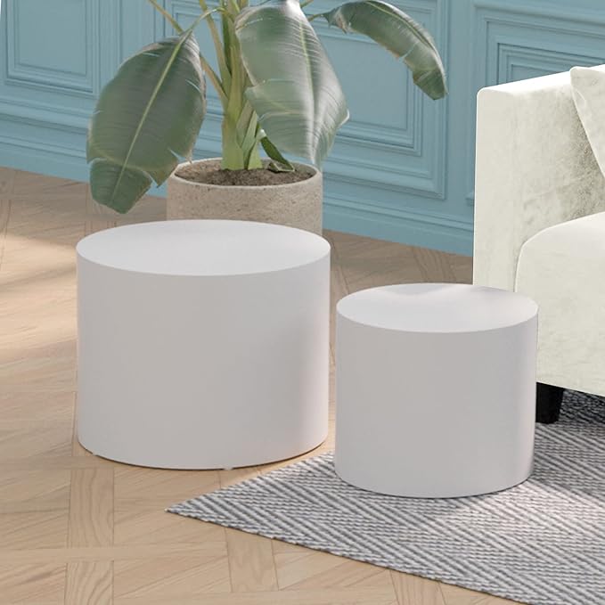 Nesting Coffee Table Set of 2, Modern Round Wooden Circle Accent Coffee Tables for Small Spaces Living Room Bedroom Balcony Office Drum Side Table