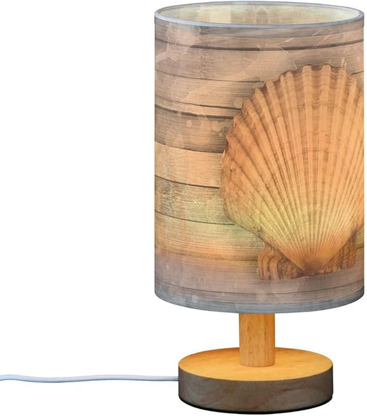 Table Lamp Nautical Seashell Marine Sea Life Scallop Shell Old Vintage Wooden Nightstand Lamp with Wood Base Fabric Lamp Shade Bedside Desk Lamp for Living Room Bedroom Kids Room Office