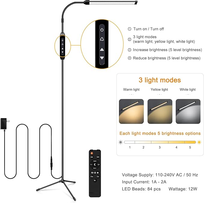 EBEST Led Floor Lamp with Remote LED lamp lash Light for Eyelash Extensions Craft Task Lamps Floor Standing Light Gooseneck Dimmable Reading lamp Eyelash Lamp for Lashes Makeup