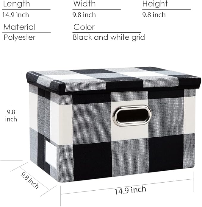 PRANDOM Collapsible Storage Bin with Lid [3-Pack] Fabric Foldable Storage Box Organizer Container Basket Cube with Cover for Home Bedroom Closet Office Nursery Black and White Grid(14.9x9.8x9.8)
