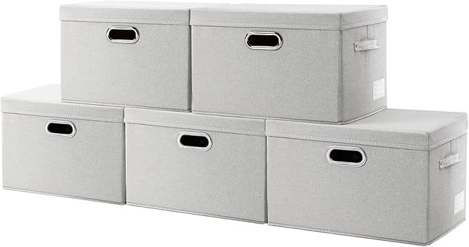 PRANDOM Collapsible Storage Bin with Lid [5-Pack] Fabric Foldable Storage Box Organizer Container Basket Cube with Cover for Home Bedroom Closet Office Beige(15.3x10x9.7)