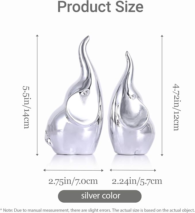 Ceramic Elephant Figurines with Trunk Up, Pair Couples Loving Statue, Small Figurines Sculpture African Home Decor, Valentine Elephants Gifts for Women, Wedding Knick Knacks(Silver