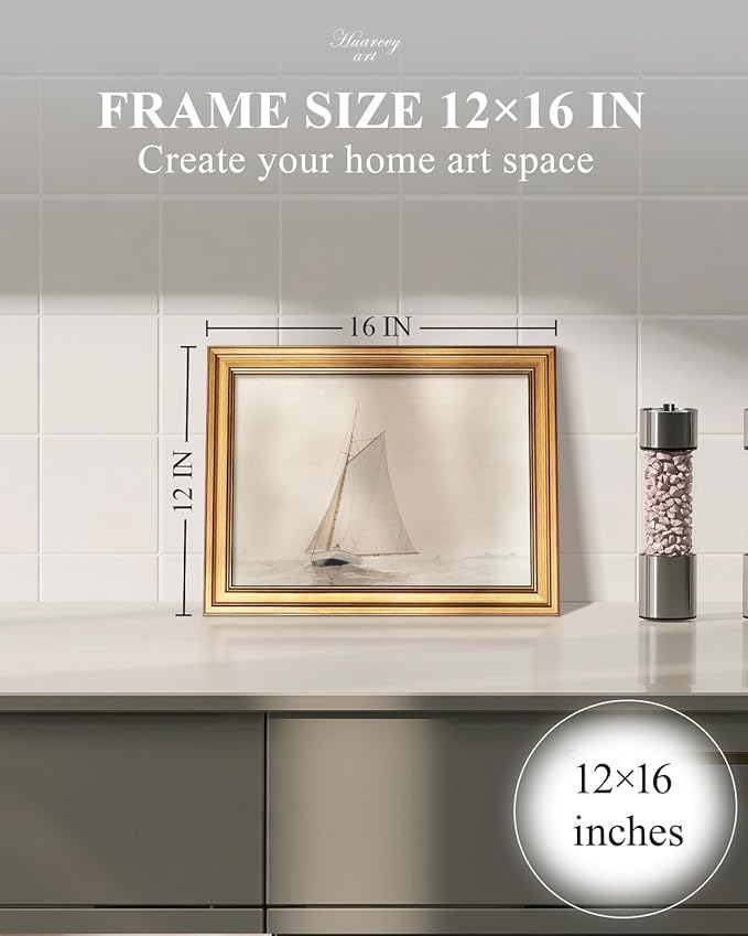 HUARCEY Gold Framed Vintage Wall Art for Living Room, Seaview Painting Prints Shelf Decor for Kitchen, Aesthetic Bedroom Wall Art, Christmas Gifts for Friends or Family (White Sailboat - 12"x16")