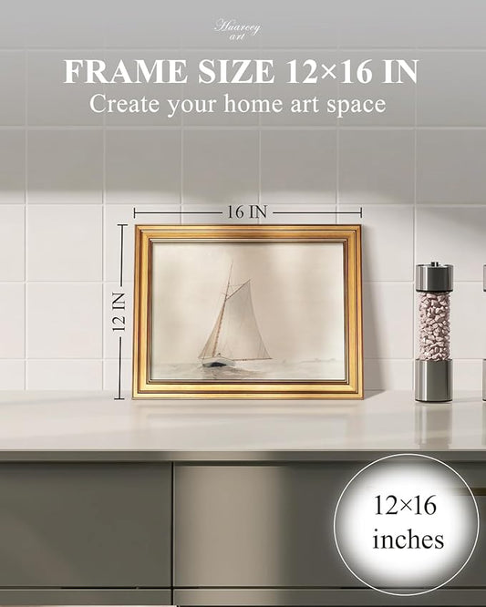HUARCEY Gold Framed Vintage Wall Art for Living Room, Seaview Painting Prints Shelf Decor for Kitchen, Aesthetic Bedroom Wall Art, Christmas Gifts for Friends or Family (White Sailboat - 12"x16")