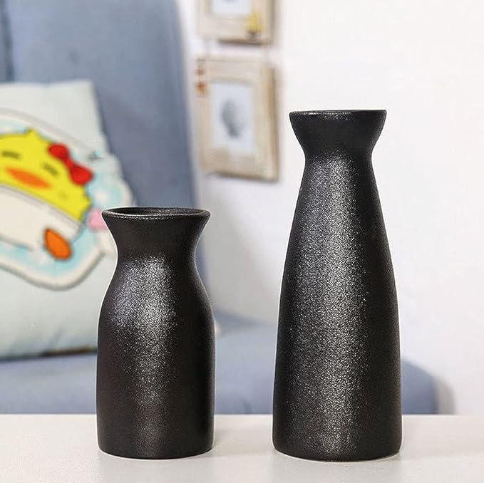 WHJY 8 inch Nordic Minimalist Black Matte Ceramic Vases, Japanese Zen Stoneware Flowerware, Floral Decorations, for Living Room, Study, Bedroom, Balcony, Bar - Tall Black