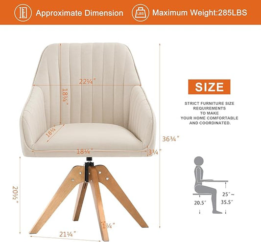 Furniliving Mid Century Modern Swivel Accent Chair for Living Room, Wood Desk Chair with Arms Mid Back Arm Chairs Upholstered Vanity Chair No Wheels for Home Office/Bedroom, Faux Linen Beige
