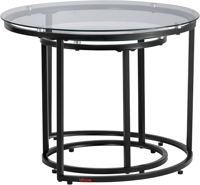 VEVOR Nesting Tables, Glass Coffee Table Set of 2, 23.6 inch Round Coffee Table, Small Coffee Tables Night Stand with Metal Frame, for Living Room, Bedroom, Office