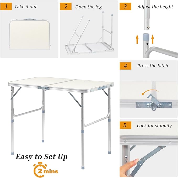 VINGLI 3FT Small Camping Folding Table Adjustable Height Aluminum Folding Table for Picnic Party BBQ, Plastic RV Suitcase Table Portable Lightweight Fold Up Utility Outdoor Tables