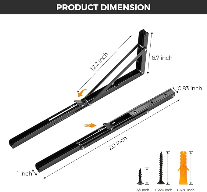 JOY DECOR 20 Inch Heavy Duty Folding Shelf Brackets, 4 Pack (2 Pairs) Collapsible Wall Mounted Brackets for Fold Down Table, Stainless Steel Folding Table Hinge, Matte Black