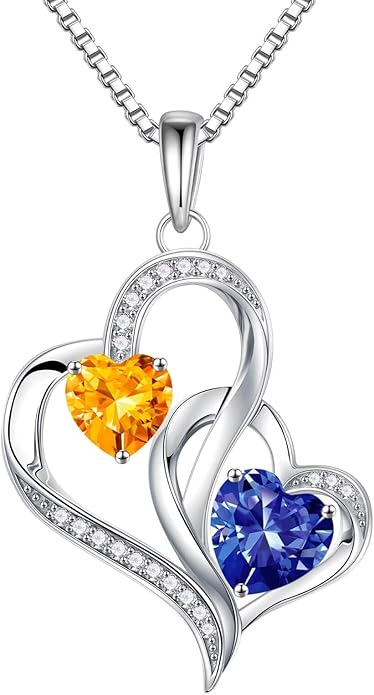 Iefil Christmas Gifts for Women - Double Heart Birthstone Necklace, 925 Sterling Silver Heart Pendant Necklace, Anniversary Birthday Gifts for Women | Personalized Jewelry Gift for Wife Mom Girlfriend