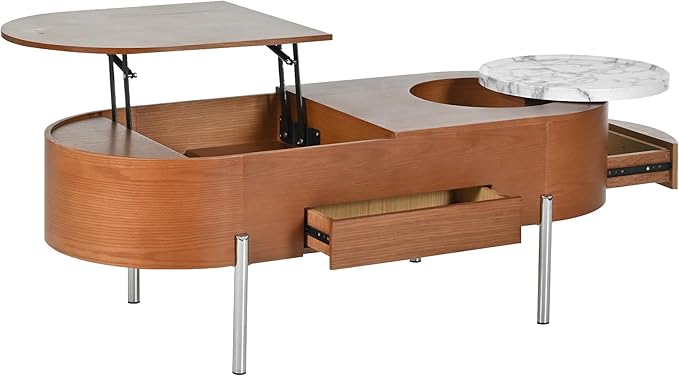 Lift Top Coffee Table with Hidden Compartment, Modern 47.2'' Oval Wooden Center Table Cocktail Tea Table with 360-degree Marble-Patterned Rotating Tray and 3 Drawers for Living Room, Brown