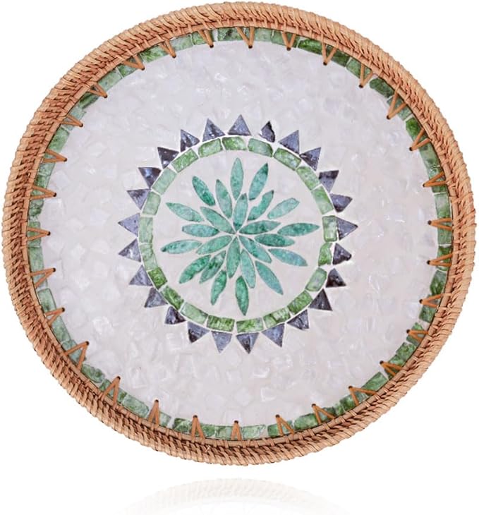 Shellac Rattan Tray with Mother of Pearl Inlay, Round Decorative Serving Tray for Home Décor Coffee Table Storage and Display, 100% Natural Materials- Ottoman Tray - Mix Color 12"