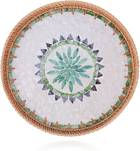 Shellac Rattan Tray with Mother of Pearl Inlay, Round Decorative Serving Tray for Home Décor Coffee Table Storage and Display, 100% Natural Materials- Ottoman Tray - Mix Color 12"