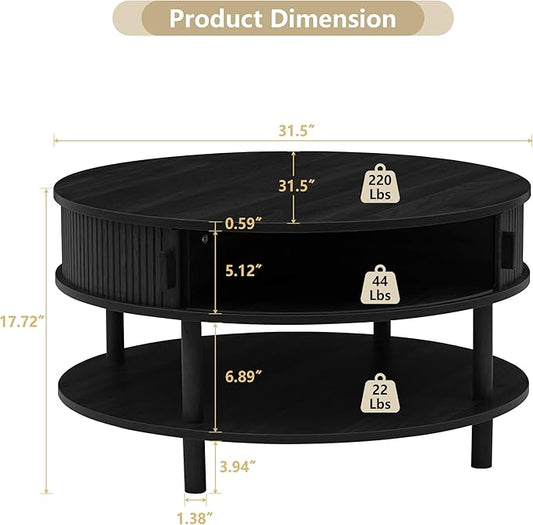 RARZOE 31.5" Round Coffee Table with Storage, Wood Circle Coffee Table with Sliding Cabinet Doors, Fluted Dining Table Accent Center Table for Living Room Home Office Apartment, Black