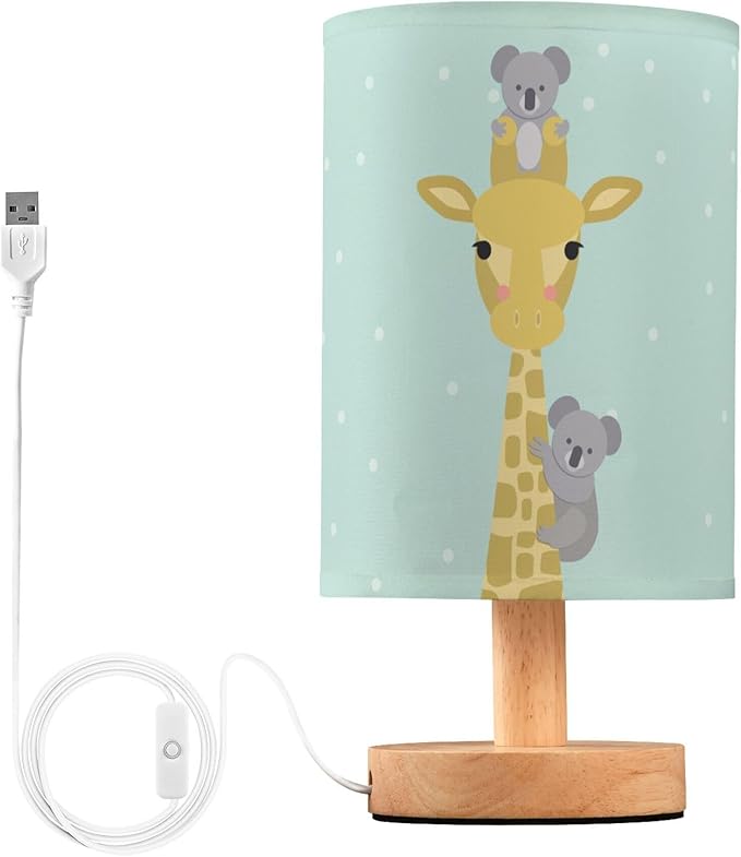 Table Lamp Cute Giraffe and Koala Bear Polka Dot Modern Design Nightstand Lamp with Wood Base Fabric Lamp Shade Bedside Desk Lamp for Living Room Bedroom Kids Room Office