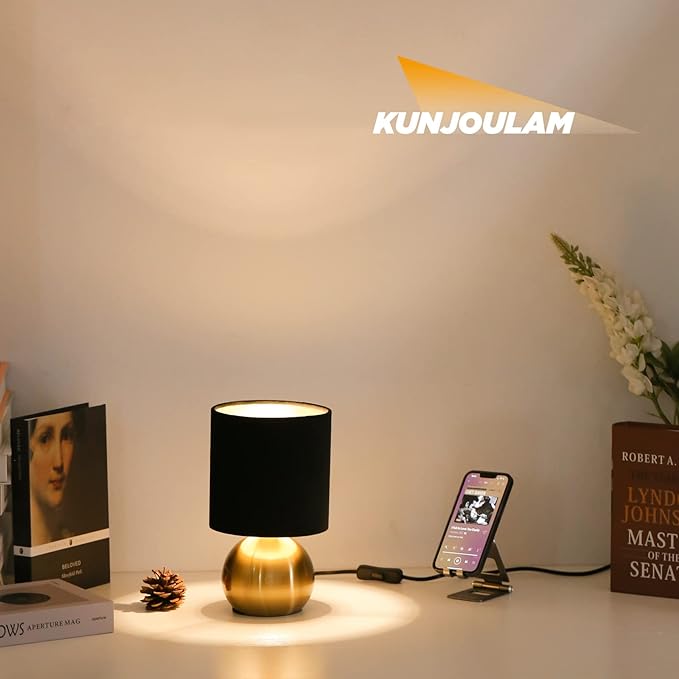 KUNJOULAM Small Bedside Lamp, Mid Century Lamp with Brass Base, Nightstand Table Lamp for Bedroom, Living Room, Bookshelf, Modern Accent Mini Table Lights Black Plastic Fabric Shade