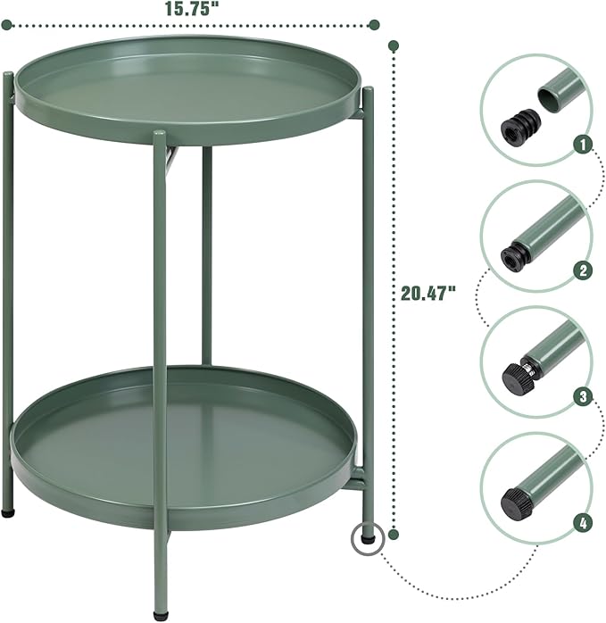 HollyHOME 2-Tier Round Side Table, Outdoor Small Folding Accent Stand with Removable Tray, Anti-Rust Metal Asional Table for Balcony Patio Living Room, Nightstand for Bedroom(Matcha Green)