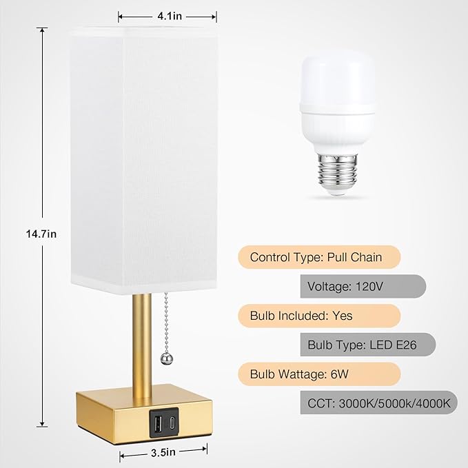 aooshine White Small Table Lamp for Bedroom - 3 Color Temperature 3000K 5000K 4000K Bedside Lamp, Pull Chain Control, USB A and C Ports, Pure Gold Color Base, Bulb Included