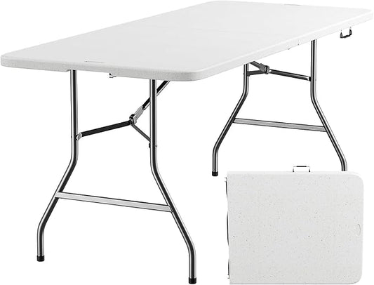 6ft Folding Table with Handle, Heavy Duty Plastic Table, 300 lbs Portable Table, Reinforced Steel Legs, High Density Plastic, Ideal for Parties, Picnics, Weddings, Camping