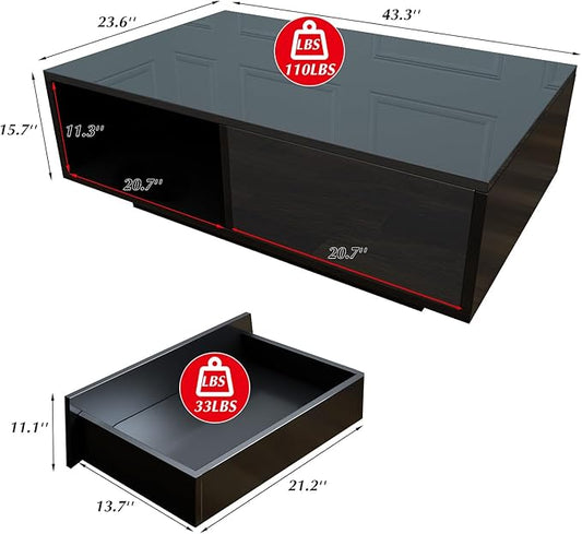COSVALVE 43.3IN LED Black Coffee Tables for Living Room with 16 Colors LED Lights Modern Coffee Table with Storage Drawer Rectangle Center Table for Home Furniture
