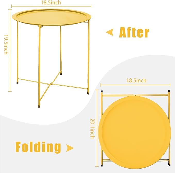 VILAWLENCE Metal End Table Side Table Round Folding Tray, Sofa Grey Small Accent Fold-able Side Table Tray,Outdoor Side Sofa Table, Snack Table for Living Room and Bed Room 18.5 in (Yellow)
