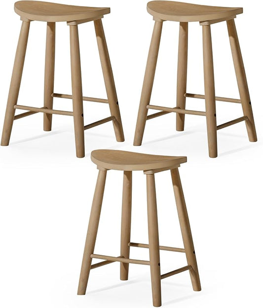 Maven Lane Luna Counter Stool Set of 3 – 26 Inch Round Stools with Footrest – Natural Solid Wood – Space-Saving Design for Kitchen Counters & Islands, Ideal for Apartments, Dorms & Compact Living