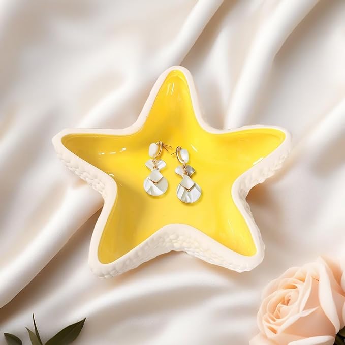 Starfish Jewelry Dish Ceramic Holder Ring Trinket Tray, Ocean-themed Decorative Trinket Dish, Suitable for Mother Friend Sister, Gifts for Women, Home Decor Trinket Dish(Yellow)