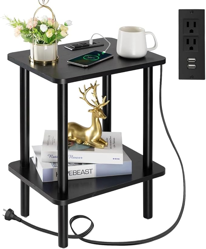 FORAOFUR End Table with Charging Station, Black Side Table with USB Ports and Outlets, Narrow Side Table for Living Room, Bedroom and Office, Small Nightstand with Charging Station