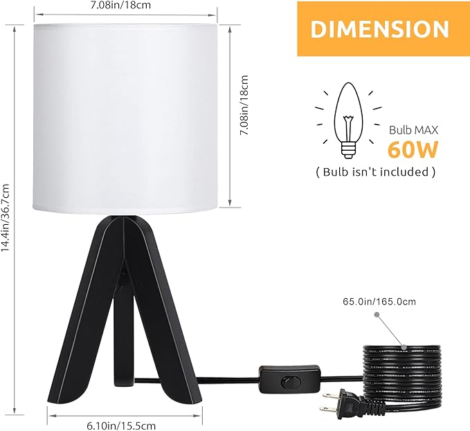 HAITRAL Wooden Tripod Table Lamp with Black Base, Small Table Lamp Bedsides Lamp with Linen Fabric Shade, Nightstand Lamp Cute Night Lamp for Bedroom,Kids Room,Nursery,Dorm