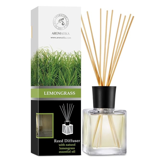 Room Fragrance Diffuser Lemongrass 6.8 Fl Oz - 200ml - with Bamboo Sticks - with Pure & Natural Lemongrass Essential Oil - Intensive Room Scent - Diffuser Gift Set