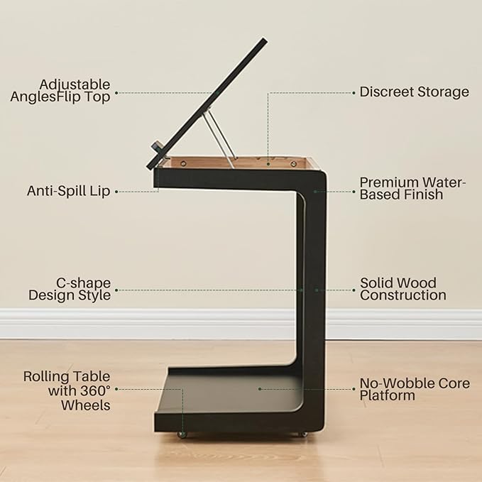 C Shaped Rolling End Table with Wheels - Solid Wood Side Table for Couch, Wooden Modern Tv Tray Bedside Tables for Sofa Armchair Living Room Bedroom, Black, 15.4 in x 23.6 in x 24.8 in