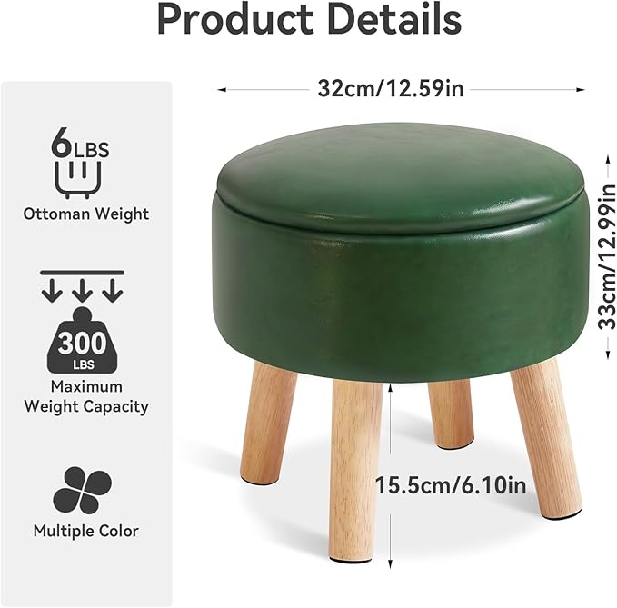 IBUYKE 13 Inch Foot Stool Ottoman with Storage, Round Small Foot Rest with Padded Seat and Wood Legs, PU Faux Leather Mini Footstool for Living Room Couch Bedroom Entryway, Dark-Green WBD023GR