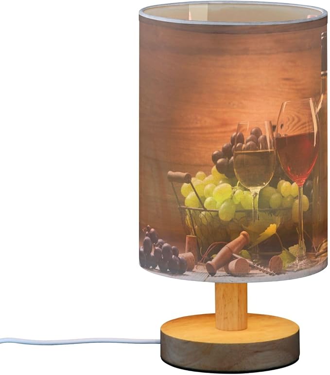 Table Lamp Red and White Wine in Glass Fruit Grape on Wooden Nightstand Lamp with Wood Base Fabric Lamp Shade Bedside Desk Lamp for Living Room Bedroom Kids Room Office