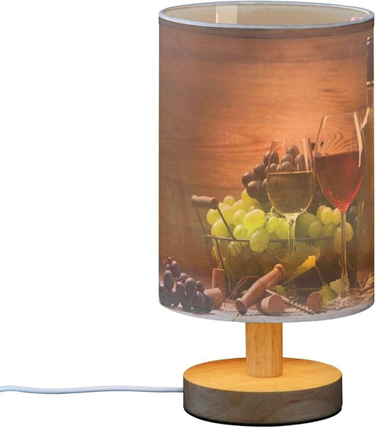 Table Lamp Red and White Wine in Glass Fruit Grape on Wooden Nightstand Lamp with Wood Base Fabric Lamp Shade Bedside Desk Lamp for Living Room Bedroom Kids Room Office