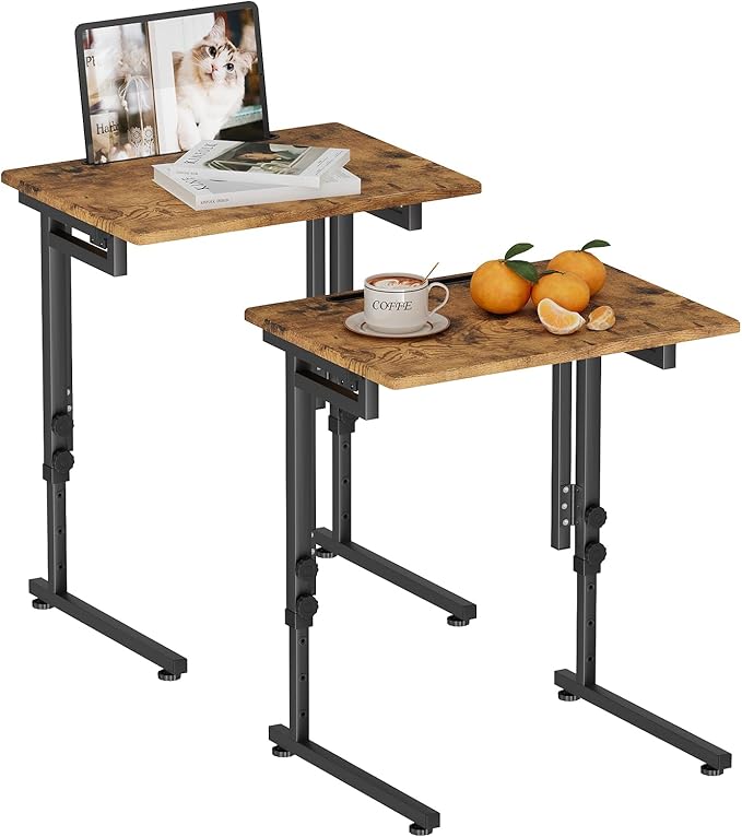 Adjustable Folding TV Tray Table,TV Dinner Small Foldable C-Shaped End Table for Eating,6 Height Adjustable Slide Under Couch Side with Sturdy MDF Top,No Assembly(Brown,2Pcs)