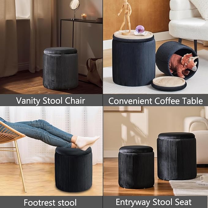 Round Ottoman with Storage Set of 2-Upholstered Velvet Vanity Stool for Makeup Multifunctional Ottomans Coffee Table Padded Seat Foot Rest for Living Room&Bedroom (Black-Upgrade Tray Lid)